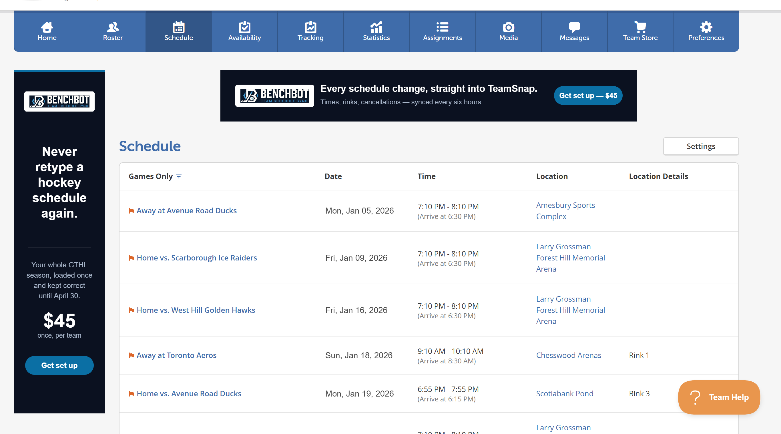 A TeamSnap schedule listing hockey games with dates, start times, arrival times and arena names.